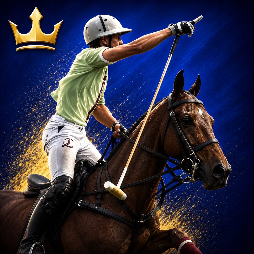 A rider in a pale green shirt leans into a shot on a bay horse, mallet raised, with a gold crown in the corner.