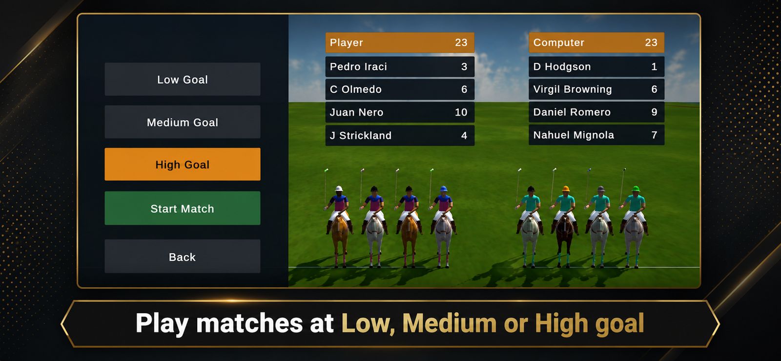 Match setup with Low, Medium, and High Goal choices, and two teams of four riders lined up on the field.