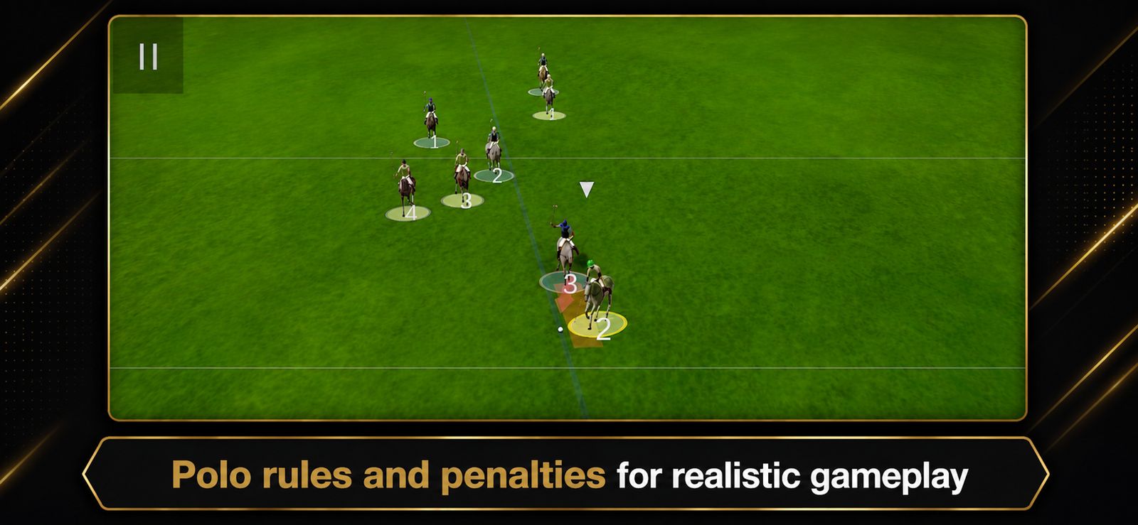 Eight riders on a polo field, with the line of the ball marked and numbered positions for a rules lesson.