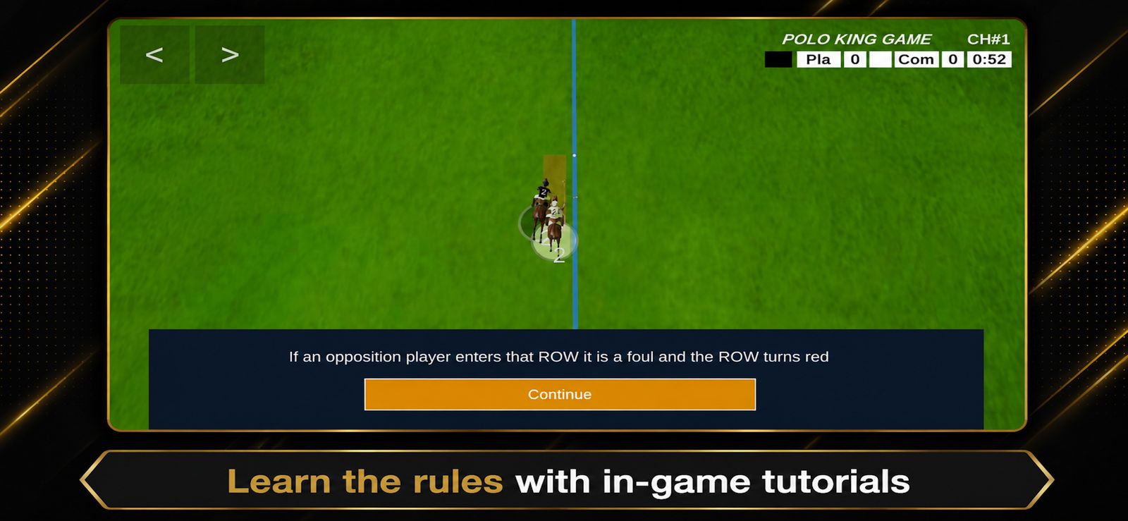 Bird’s-eye view of a polo field with a tutorial explaining that an opposition player entering the right of way is a foul.